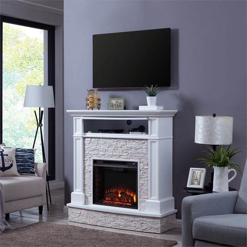 SEI Furniture Jacksdale Faux Stone Electric Fireplace TV Stand in White