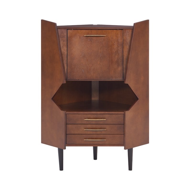 SEI Furniture Larson Mid Century Corner Bar Cabinet in Dark Tobacco