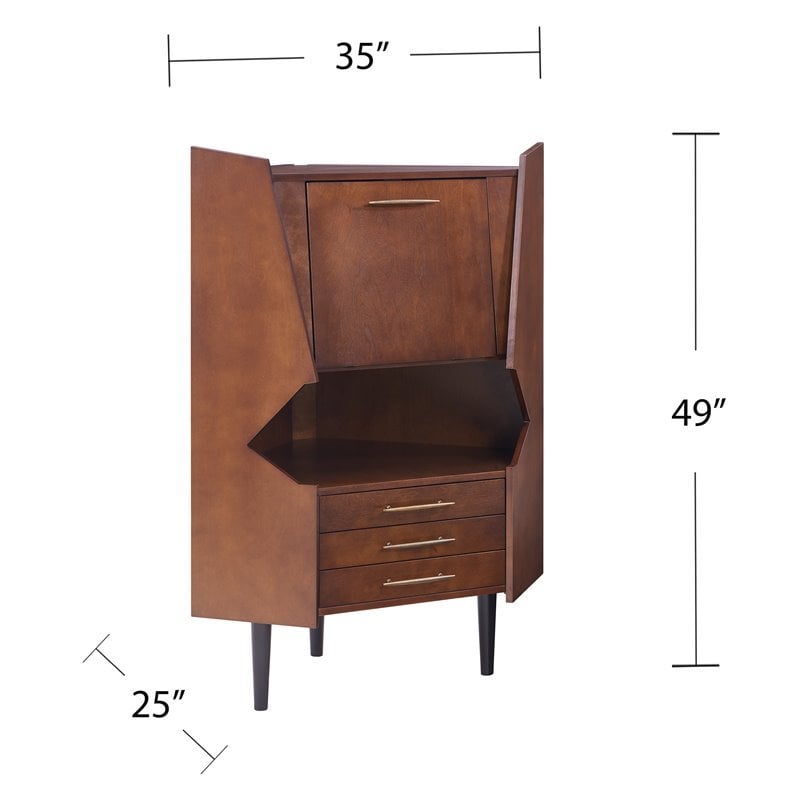 SEI Furniture Larson Mid Century Corner Bar Cabinet in Dark Tobacco