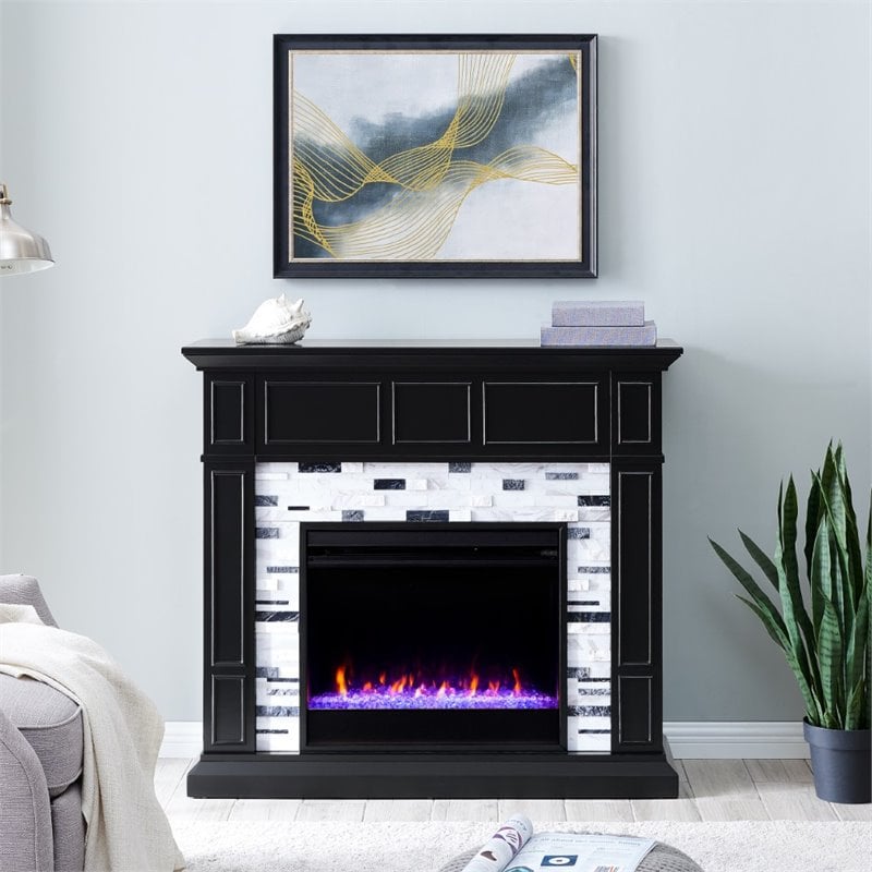 SEI Furniture Drovling Marble Color Changing Electric Fireplace in Black