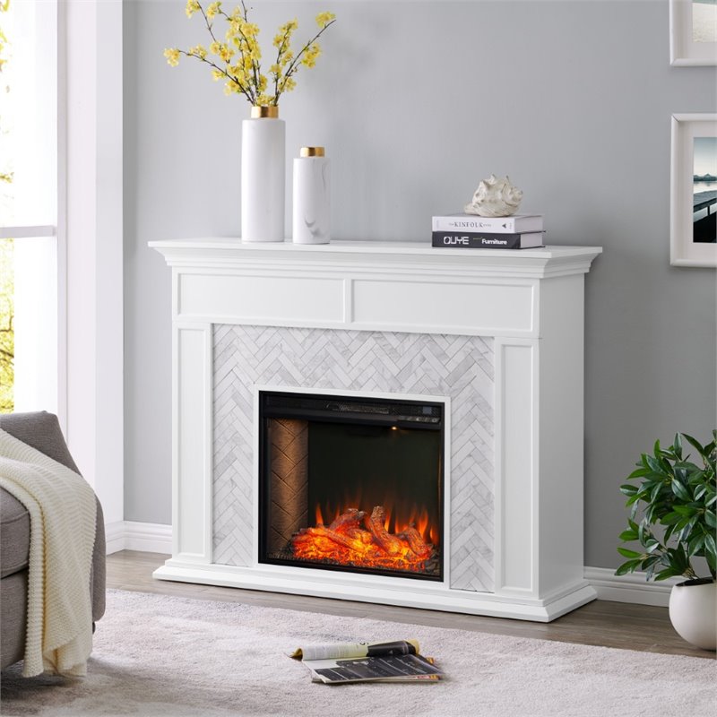 SEI Furniture Torlington Tiled Marble Smart Electric Fireplace in White