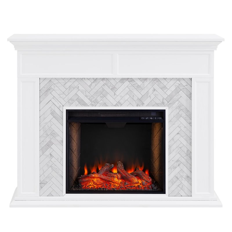 SEI Furniture Torlington Tiled Marble Smart Electric Fireplace in White