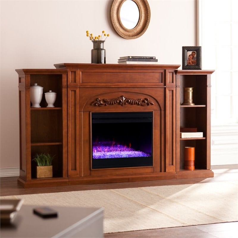 SEI Furniture Chantilly Color Changing Electric Fireplace in Brown