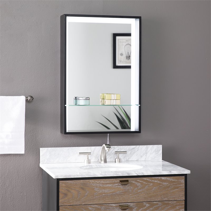 SEI Furniture Wervin Contemporary Wood Lighted Mirror with Shelf in Black