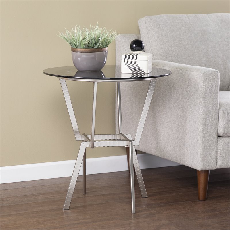 SEI Furniture Kirben Round Metal End Table with Glass Top in Gray