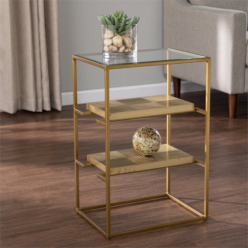 SEI Furniture Penketh Metal End Table with Glass Top in Brass