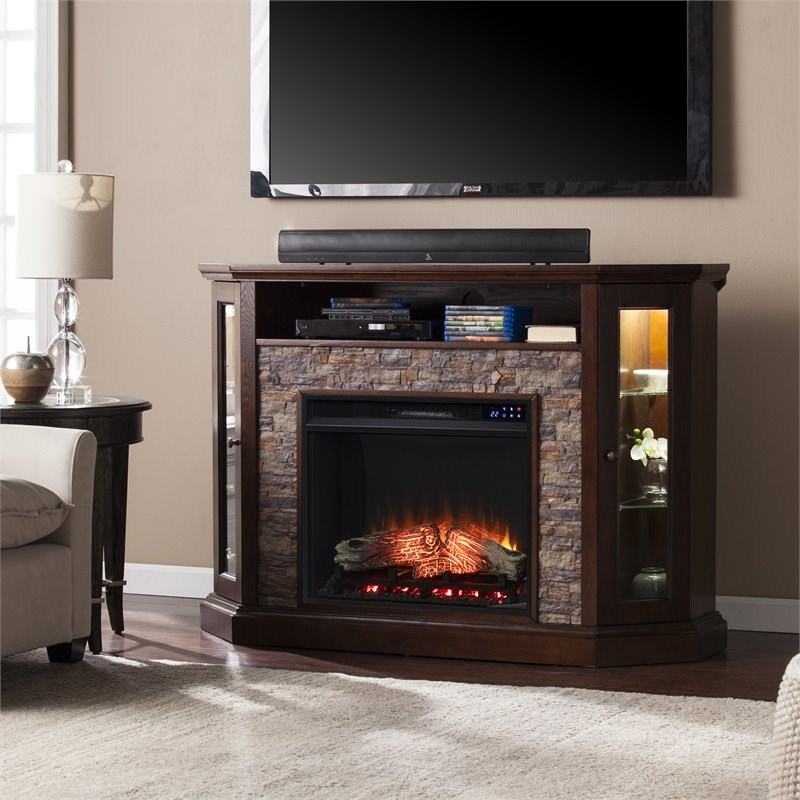 SEI Furniture Redden Wood Corner Convertible Electric Fireplace in Brown
