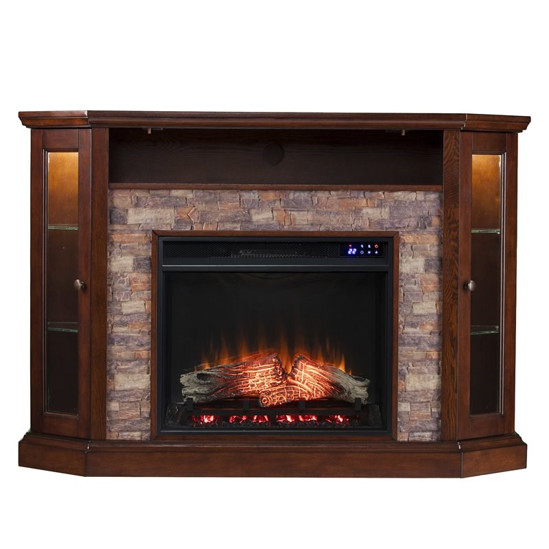 SEI Furniture Redden Wood Corner Convertible Electric Fireplace in Brown
