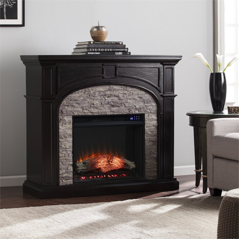 SEI Furniture Tanaya Wood and Faux Stone Electric Fireplace in Brown