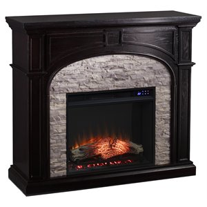 sei furniture tanaya wood and faux stone electric fireplace in brown