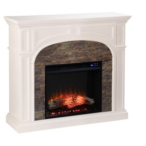 sei furniture tanaya wood and faux stone electric fireplace in white