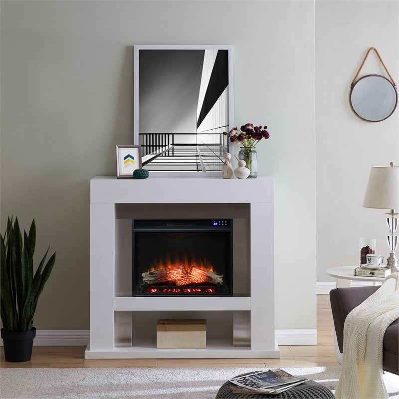 SEI Furniture Lirrington Wood-Stainless Steel Electric Fireplace in White