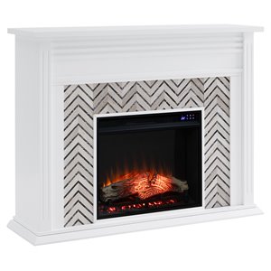 sei furniture hebbington wood-tiled marble electric fireplace in white