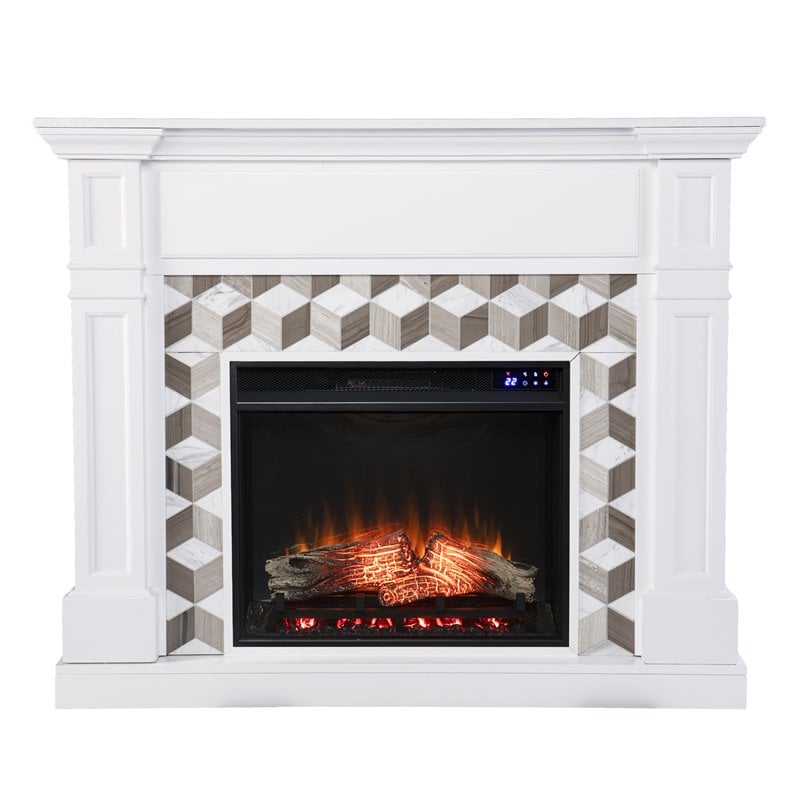 SEI Furniture Darvingmore Wood-Marble Electric Fireplace in White