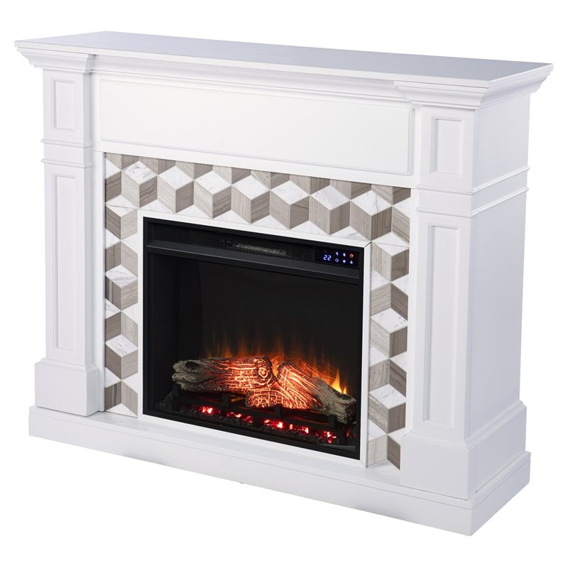 SEI Furniture Darvingmore Wood-Marble Electric Fireplace in White