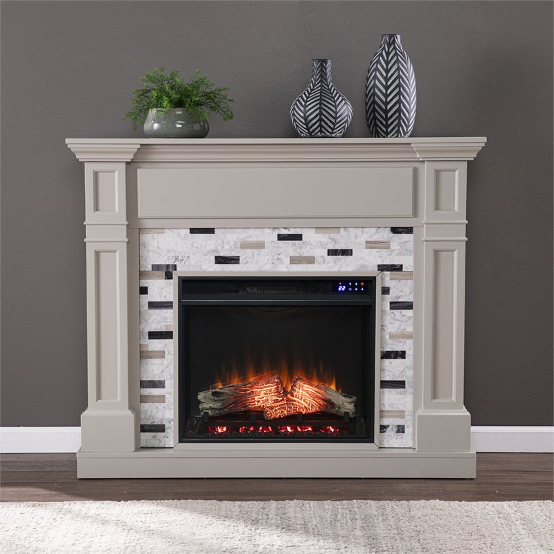SEI Furniture Birkover Wood-Marble Electric Fireplace in Gray