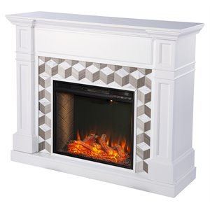 sei furniture darvingmore wood-marble alexa smart fireplace in white