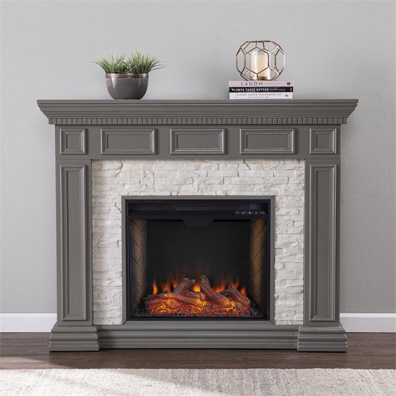 SEI Furniture Dakesbury Wood-Faux Stone Alexa Smart Fireplace in Gray