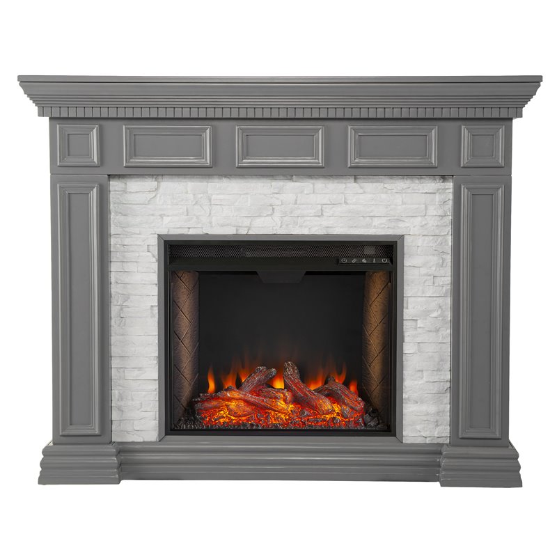 SEI Furniture Dakesbury Wood-Faux Stone Alexa Smart Fireplace in Gray