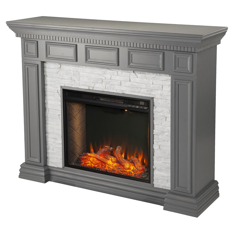 SEI Furniture Dakesbury Wood-Faux Stone Alexa Smart Fireplace in Gray