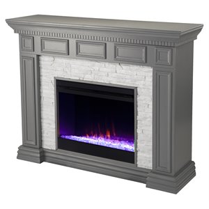 sei furniture dakesbury wood-faux stone color changing fireplace in gray