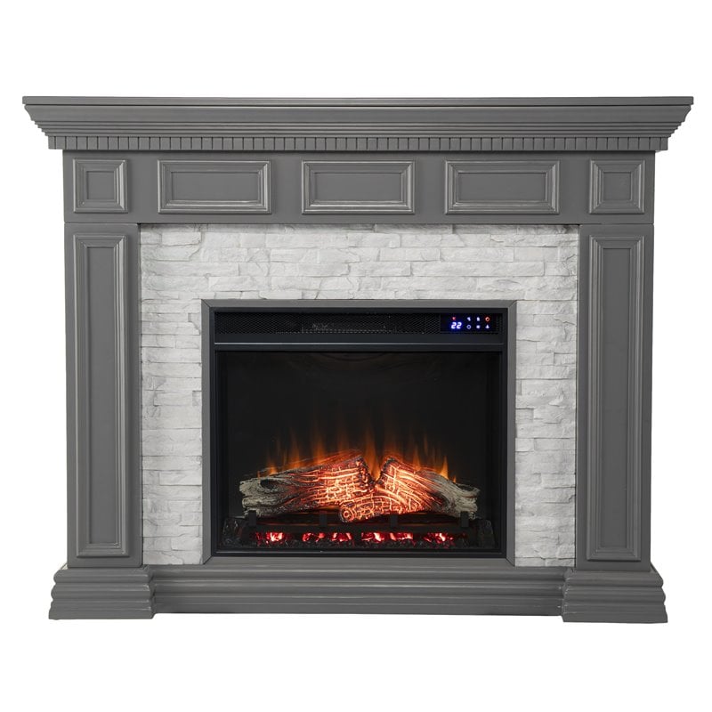 SEI Furniture Dakesbury Wood-Faux Stone Electric Fireplace in Gray