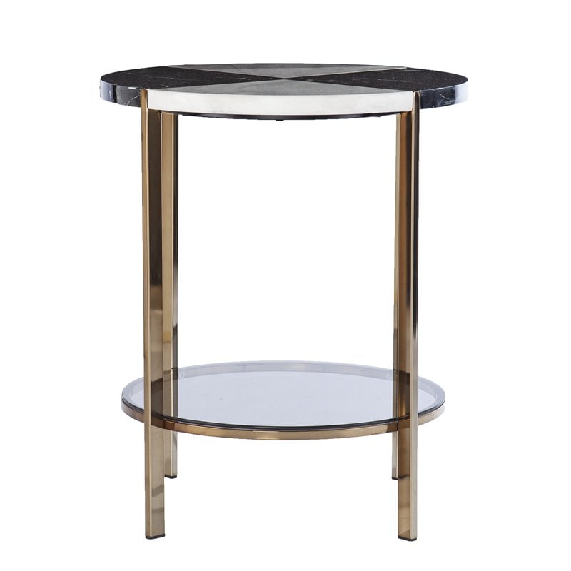 SEI Furniture Cortinada Round Metal-Faux Marble End Table in Black-White