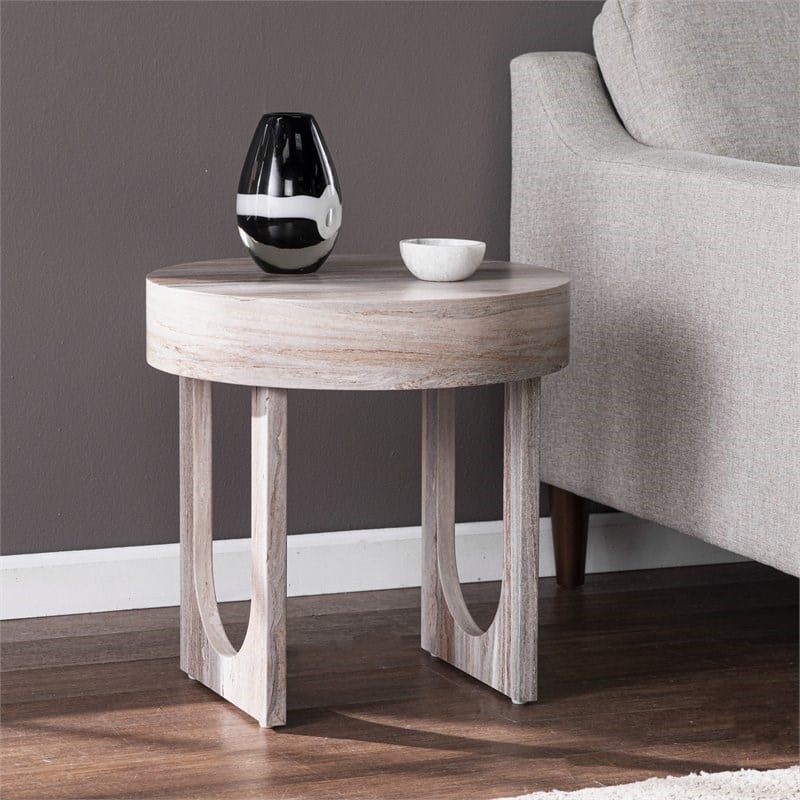 SEI Furniture Chadkirk Round Wood-Faux Marble End Table in Brown