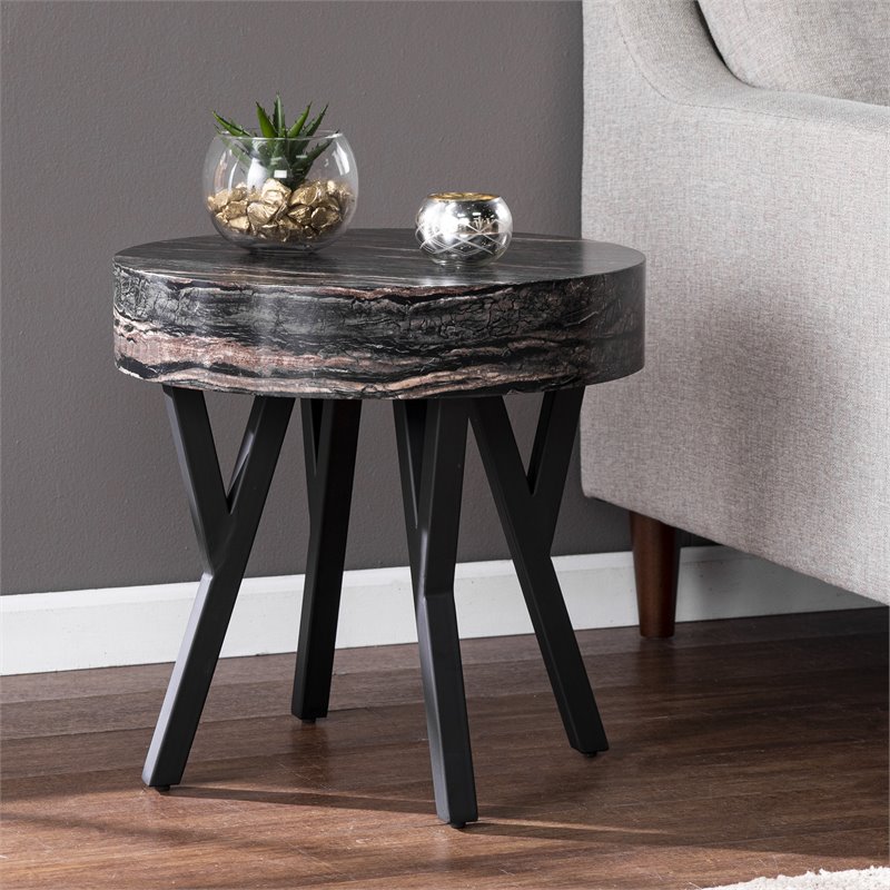 SEI Furniture Twemlow Round WoodFaux Marble End Table in Black