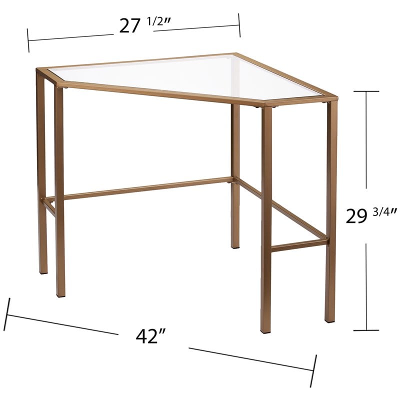 SEI Furniture Keaton Glass Top Metal Corner Writing Desk in Soft Gold