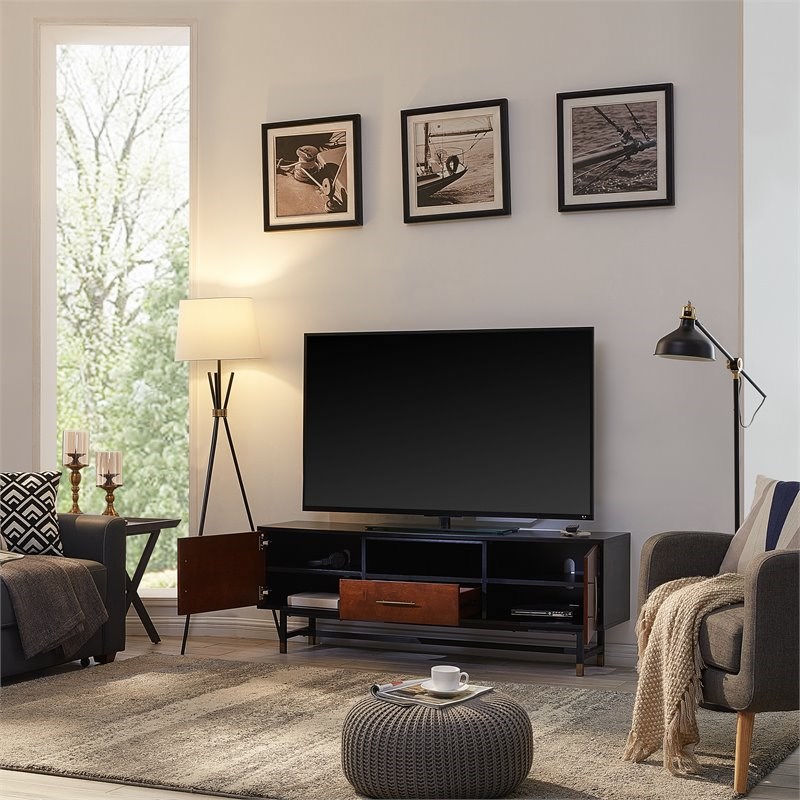SEI Furniture Blynn Mid Century Wooden TV Stand in Black and Whiskey