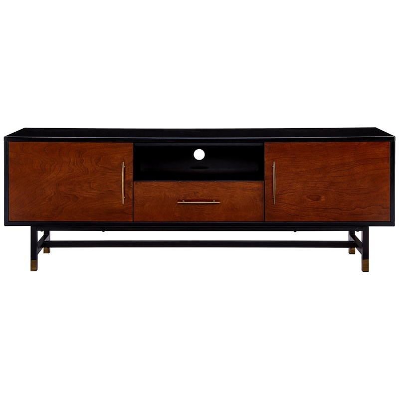 SEI Furniture Blynn Mid Century Wooden TV Stand in Black and Whiskey
