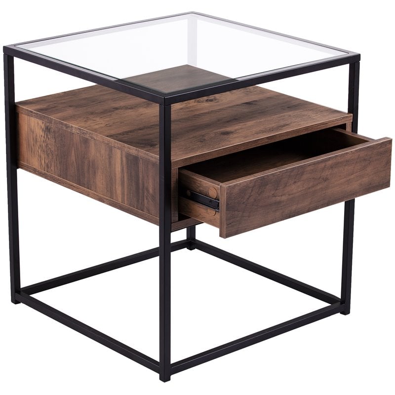 SEI Furniture Olivern 1 Drawer Glass Top End Table in Black and Natural