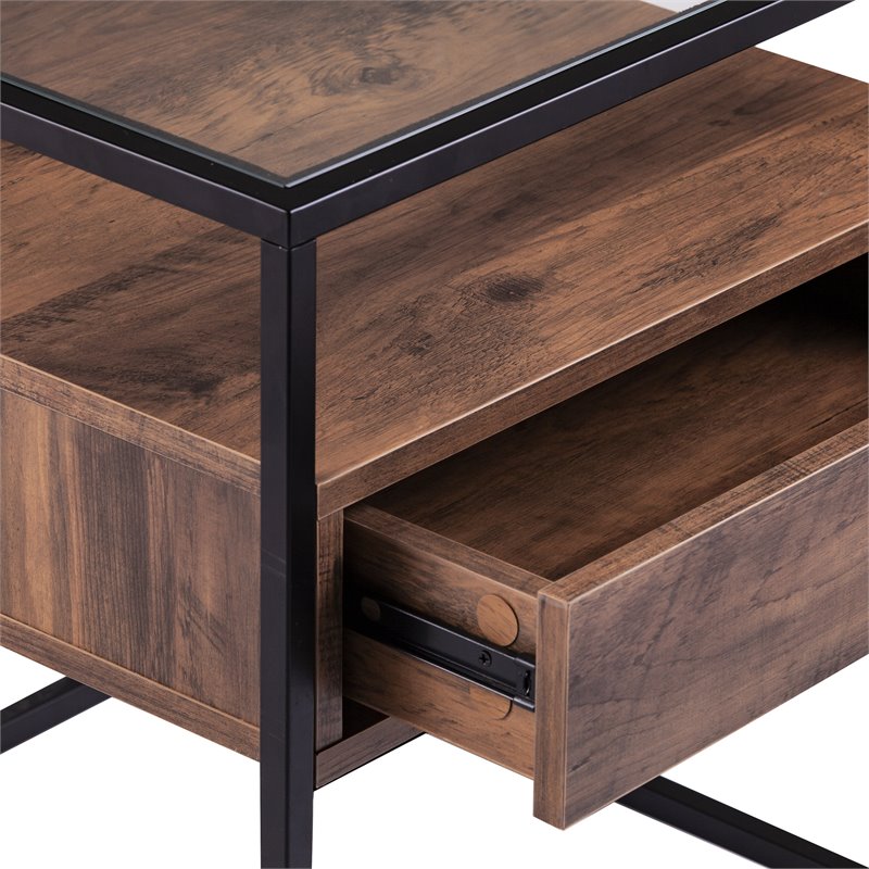 SEI Furniture Olivern 1 Drawer Glass Top End Table in Black and Natural
