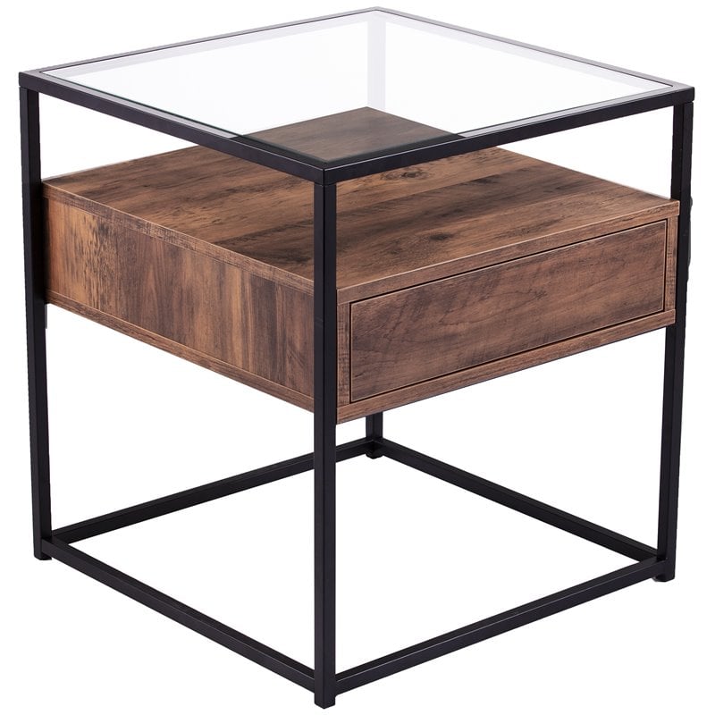SEI Furniture Olivern 1 Drawer Glass Top End Table in Black and Natural