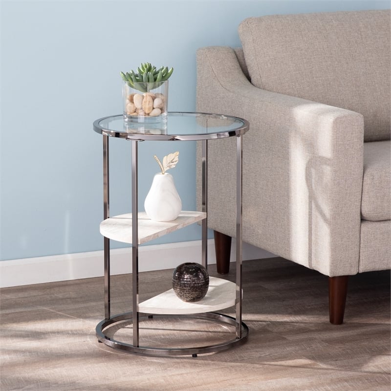 Southern Enterprises Ledermore Tempered Glass Round Side Table in Black