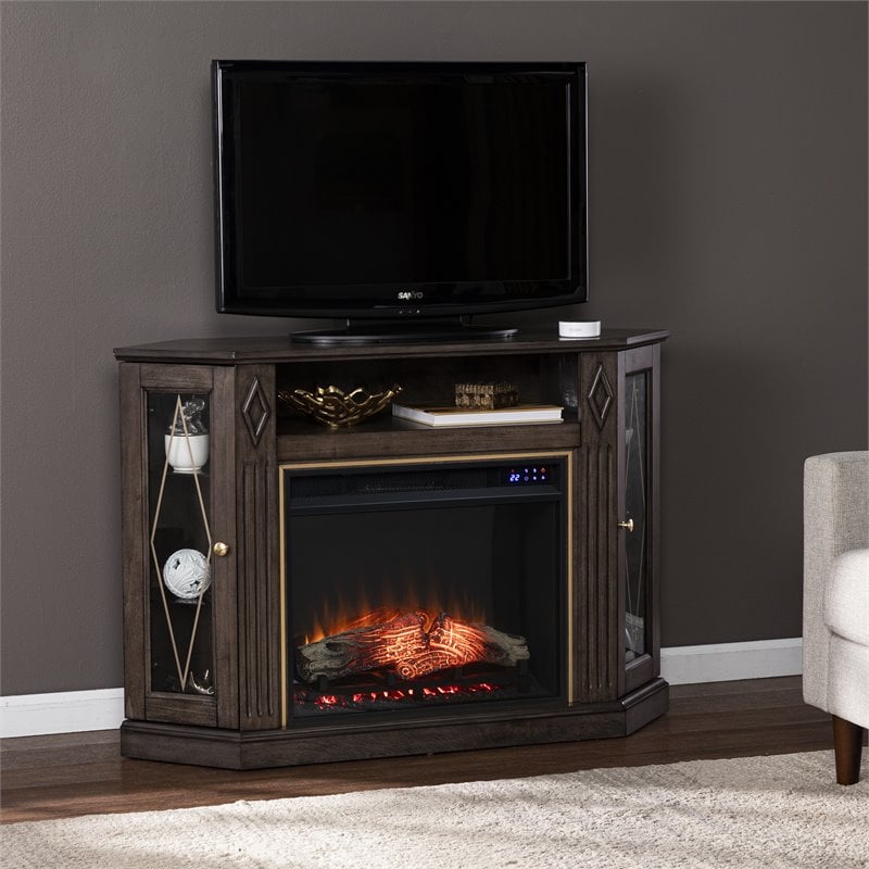 Austindale Touch Screen Electric Fireplace Media Storage in Light Brown/Gold