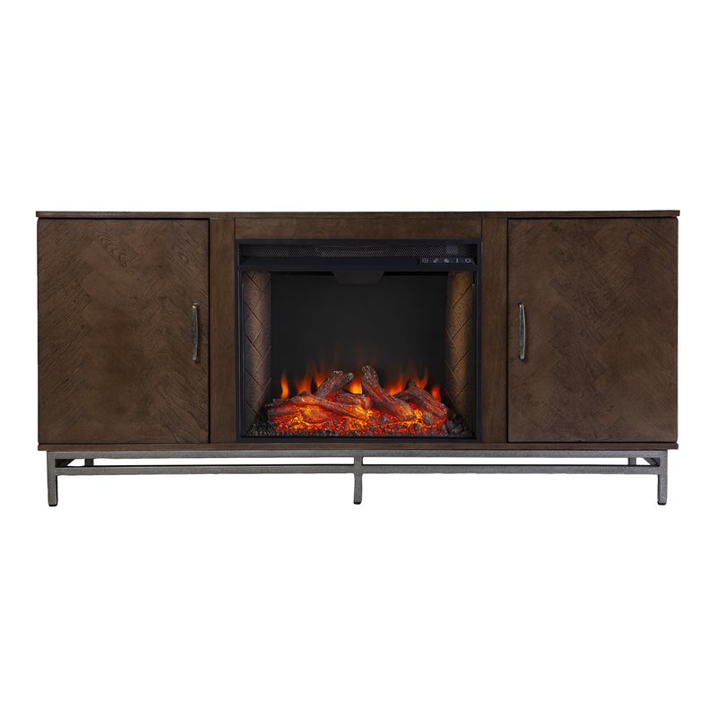 Dibbonly Smart Fireplace with Media Storage in Brown/Matte Silver