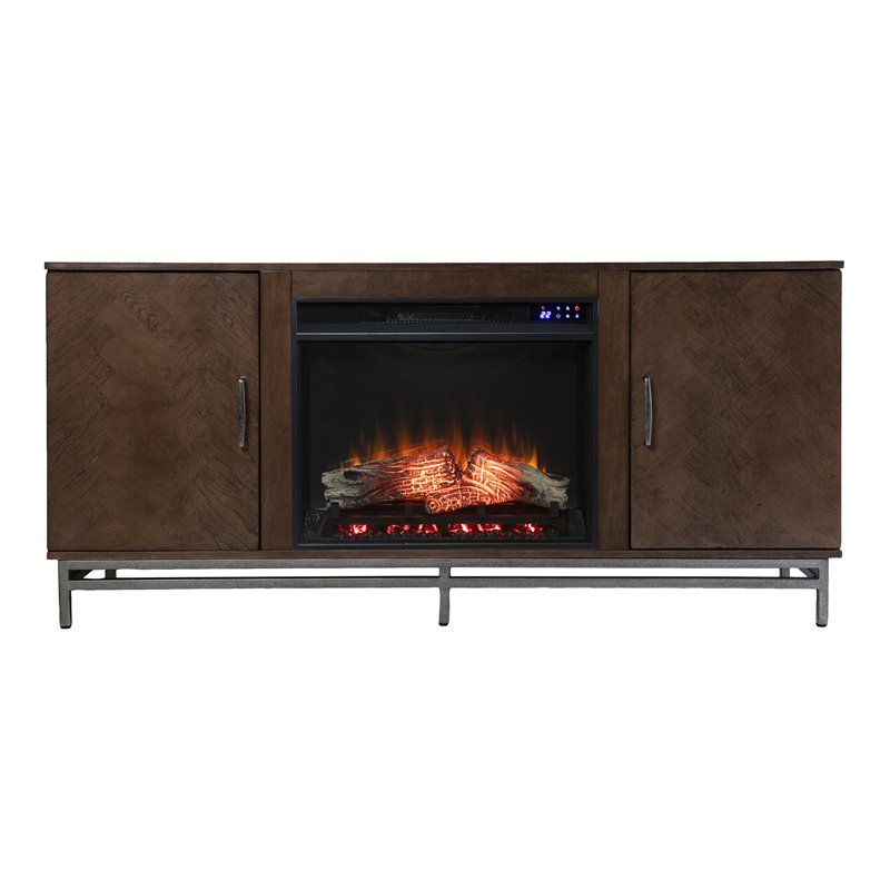 Dibbonly Touch Screen Electric Fireplace with Media Storage - Brown/Matte Silver