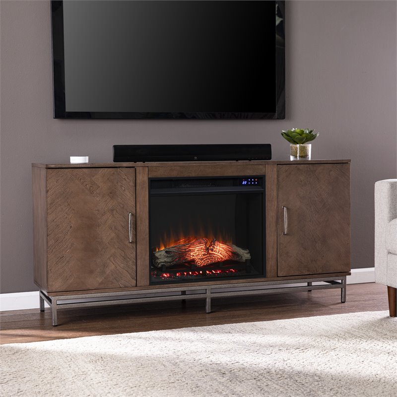 Dibbonly Touch Screen Electric Fireplace with Media Storage - Brown/Matte Silver