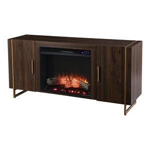 dashton modern touch screen electric fireplace with media storage in brown/gold