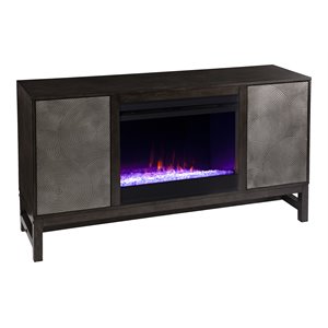 lannington color changing fireplace with media storage in brown/antique silver