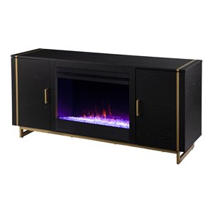biddenham color changing fireplace console with media storage in black/gold