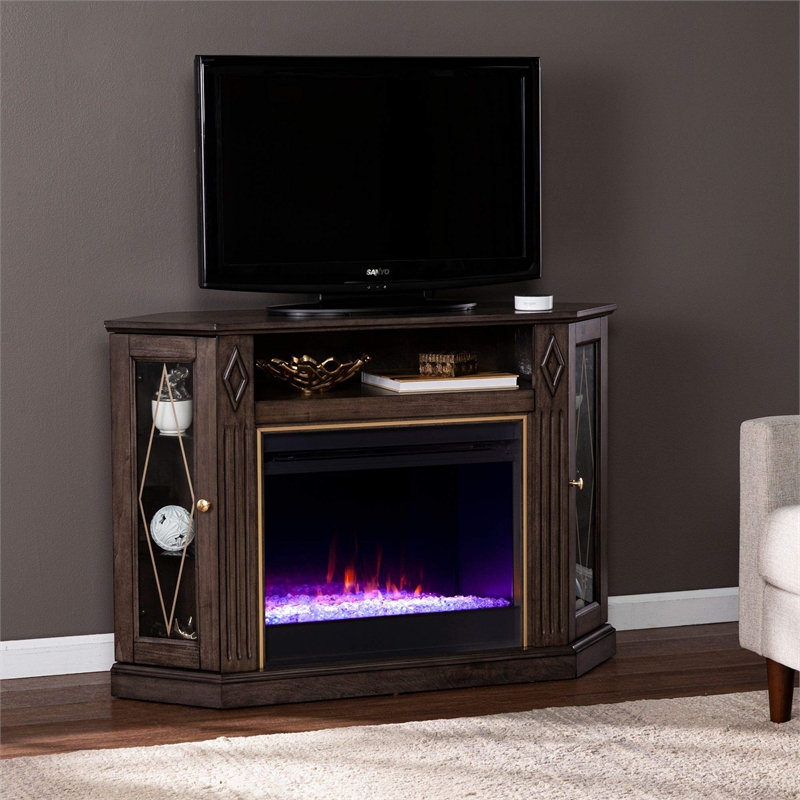 Austindale Color Changing Fireplace & Media Storage in Light Brown/Gold