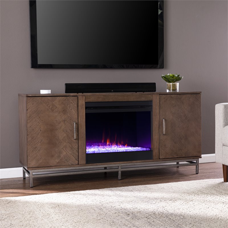 Dibbonly Color Changing Fireplace with Media Storage in Brown/Matte Silver