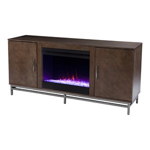 dibbonly color changing fireplace with media storage in brown/matte silver