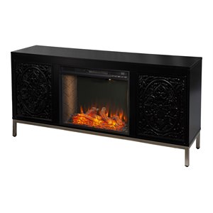 winsterly smart fireplace console with media storage in black/champagne
