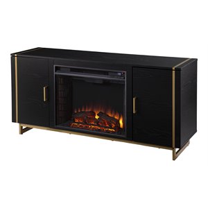 biddenham electric fireplace console with media storage in black/gold