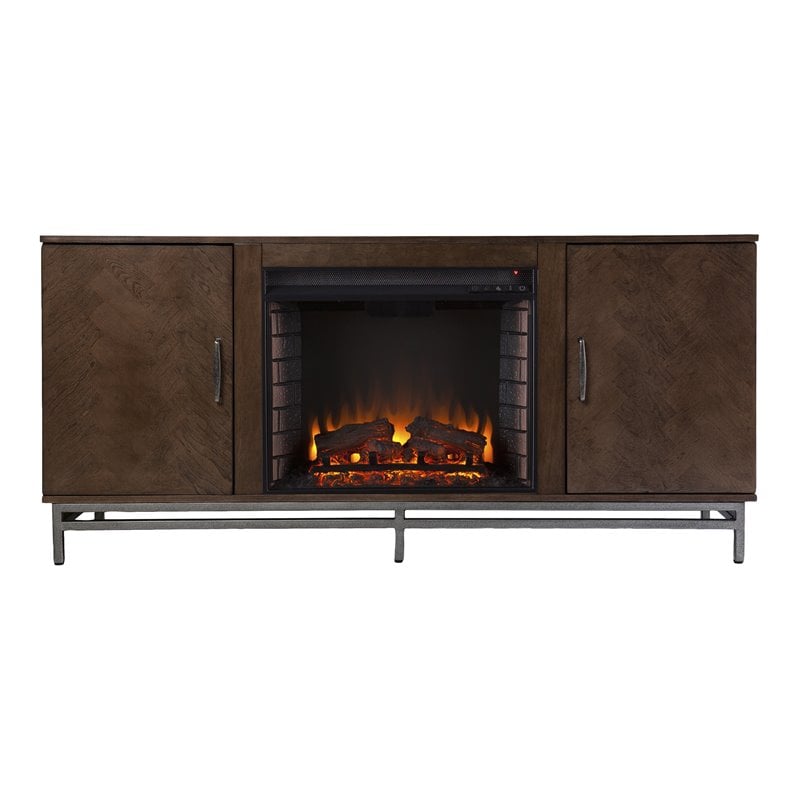 Dibbonly Electric Fireplace with Media Storage in Brown/Matte Silver