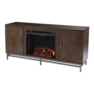 dibbonly electric fireplace with media storage in brown/matte silver